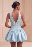 Abito corto da fine A-Line A-Neck blu cielo per il Cerimonia