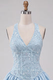 Abito corto da fine A-Line A-Neck blu cielo per il Cerimonia