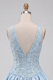 Abito corto da fine A-Line A-Neck blu cielo per il Cerimonia