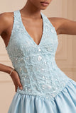 Abito corto da fine A-Line A-Neck blu cielo per il Cerimonia