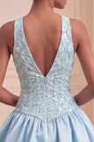 Abito corto da fine A-Line A-Neck blu cielo per il Cerimonia
