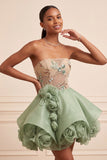 Corsetto senza spalline in stile A-Line in Salvia Polveroso pizzo sul retro e paillettes vestito corto di ritorno a casa con fiori 3D