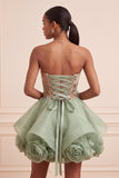 Corsetto senza spalline in stile A-Line in Salvia Polveroso pizzo sul retro e paillettes vestito corto di ritorno a casa con fiori 3D