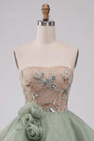 Corsetto senza spalline in stile A-Line in Salvia Polveroso pizzo sul retro e paillettes vestito corto di ritorno a casa con fiori 3D