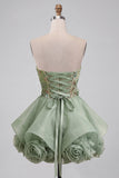 Corsetto senza spalline in stile A-Line in Salvia Polveroso pizzo sul retro e paillettes vestito corto di ritorno a casa con fiori 3D