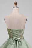 Corsetto senza spalline in stile A-Line in Salvia Polveroso pizzo sul retro e paillettes vestito corto di ritorno a casa con fiori 3D