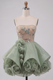 Corsetto senza spalline in stile A-Line in Salvia Polveroso pizzo sul retro e paillettes vestito corto di ritorno a casa con fiori 3D