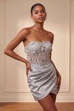 Vestito di cocktail in raso corsetto grigio senza spalline con pizzo sulla schiena