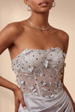 Vestito di cocktail in raso corsetto grigio senza spalline con pizzo sulla schiena