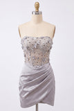 Vestito di cocktail in raso corsetto grigio senza spalline con pizzo sulla schiena