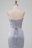 Vestito di cocktail in raso corsetto grigio senza spalline con pizzo sulla schiena