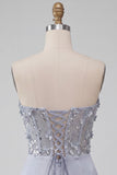Vestito di cocktail in raso corsetto grigio senza spalline con pizzo sulla schiena