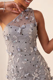 Bodycon grigio con pizzo su una spalla e paillettes Abito corto di cocktail con fiori 3D