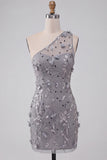 Bodycon grigio con pizzo su una spalla e paillettes Abito corto di cocktail con fiori 3D