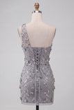 Bodycon grigio con pizzo su una spalla e paillettes Abito corto di cocktail con fiori 3D