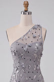 Bodycon grigio con pizzo su una spalla e paillettes Abito corto di cocktail con fiori 3D