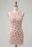 Blush Bodycon Body Neck Abito Corto di cocktail con perline