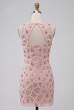 Blush Bodycon Body Neck Abito Corto di cocktail con perline