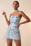 Blu Bodycon Floral Sequin Abito Corto di cocktail con frange