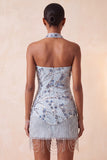 Blu Bodycon Floral Sequin Abito Corto di cocktail con frange