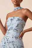 Blu Bodycon Floral Sequin Abito Corto di cocktail con frange