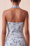 Blu Bodycon Floral Sequin Abito Corto di cocktail con frange