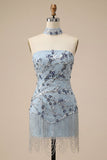 Blu Bodycon Floral Sequin Abito Corto di cocktail con frange