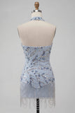 Blu Bodycon Floral Sequin Abito Corto di cocktail con frange