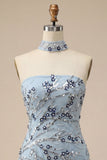 Blu Bodycon Floral Sequin Abito Corto di cocktail con frange