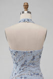 Blu Bodycon Floral Sequin Abito Corto di cocktail con frange