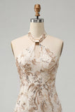 Camicia a champagne con collo a capezza paillettes abito corto di cocktail senza schiena