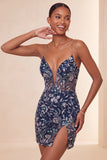 Bodycon blu navy paillettes spalline sottili vestito corto di cocktail con fessura