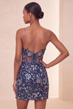Bodycon blu navy paillettes spalline sottili vestito corto di cocktail con fessura