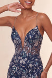 Bodycon blu navy paillettes spalline sottili vestito corto di cocktail con fessura