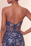 Bodycon blu navy paillettes spalline sottili vestito corto di cocktail con fessura