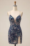 Bodycon blu navy paillettes spalline sottili vestito corto di cocktail con fessura
