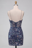 Bodycon blu navy paillettes spalline sottili vestito corto di cocktail con fessura