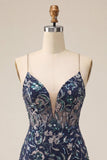 Bodycon blu navy paillettes spalline sottili vestito corto di cocktail con fessura