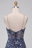 Bodycon blu navy paillettes spalline sottili vestito corto di cocktail con fessura