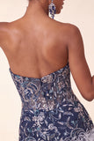 Abito corto di cocktail senza spalline blu navy bodycon paillette con piume