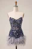 Abito corto di cocktail senza spalline blu navy bodycon paillette con piume