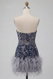 Abito corto di cocktail senza spalline blu navy bodycon paillette con piume