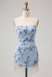 Vestito corto di cocktail a corto con paillettes blu senza spalline blu