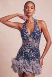 Blu navy con scollo a cappuccio paillettes bodycon floreale spalla nuda vestito corto di cocktail con volant