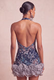 Blu navy con scollo a cappuccio paillettes bodycon floreale spalla nuda vestito corto di cocktail con volant