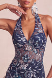 Blu navy con scollo a cappuccio paillettes bodycon floreale spalla nuda vestito corto di cocktail con volant