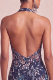 Blu navy con scollo a cappuccio paillettes bodycon floreale spalla nuda vestito corto di cocktail con volant