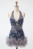 Blu navy con scollo a cappuccio paillettes bodycon floreale spalla nuda vestito corto di cocktail con volant