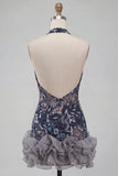 Blu navy con scollo a cappuccio paillettes bodycon floreale spalla nuda vestito corto di cocktail con volant