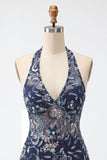 Blu navy con scollo a cappuccio paillettes bodycon floreale spalla nuda vestito corto di cocktail con volant